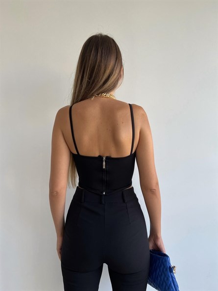 Sırt Fermuar Korse Askılı Crop Siyah