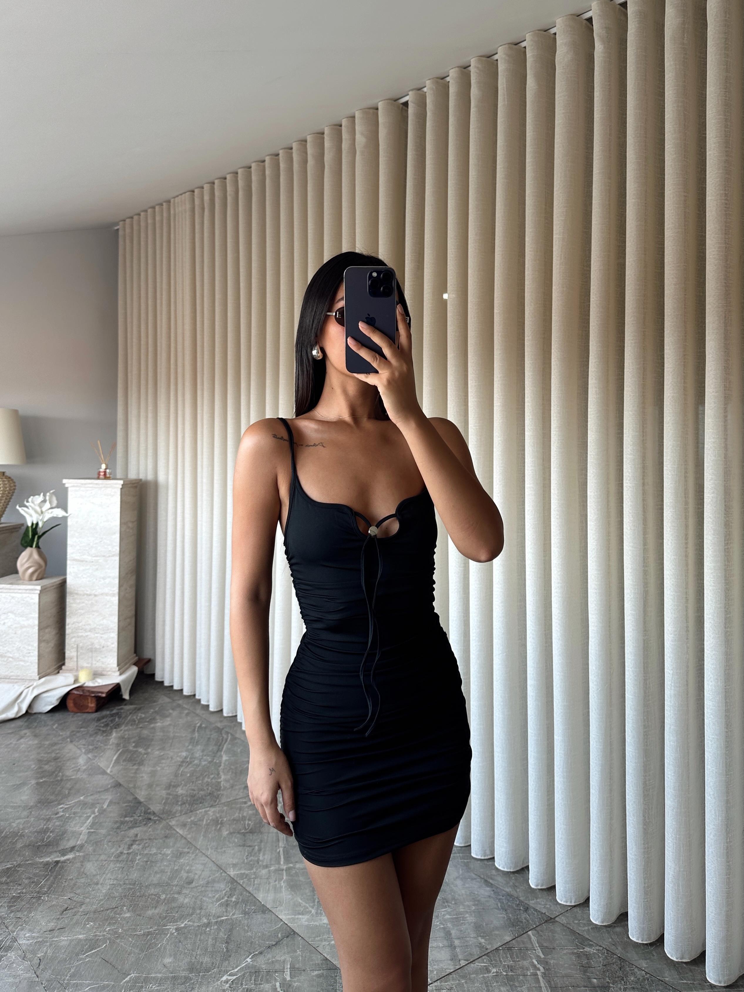 Yan Drape Mini Elbise  - Siyah