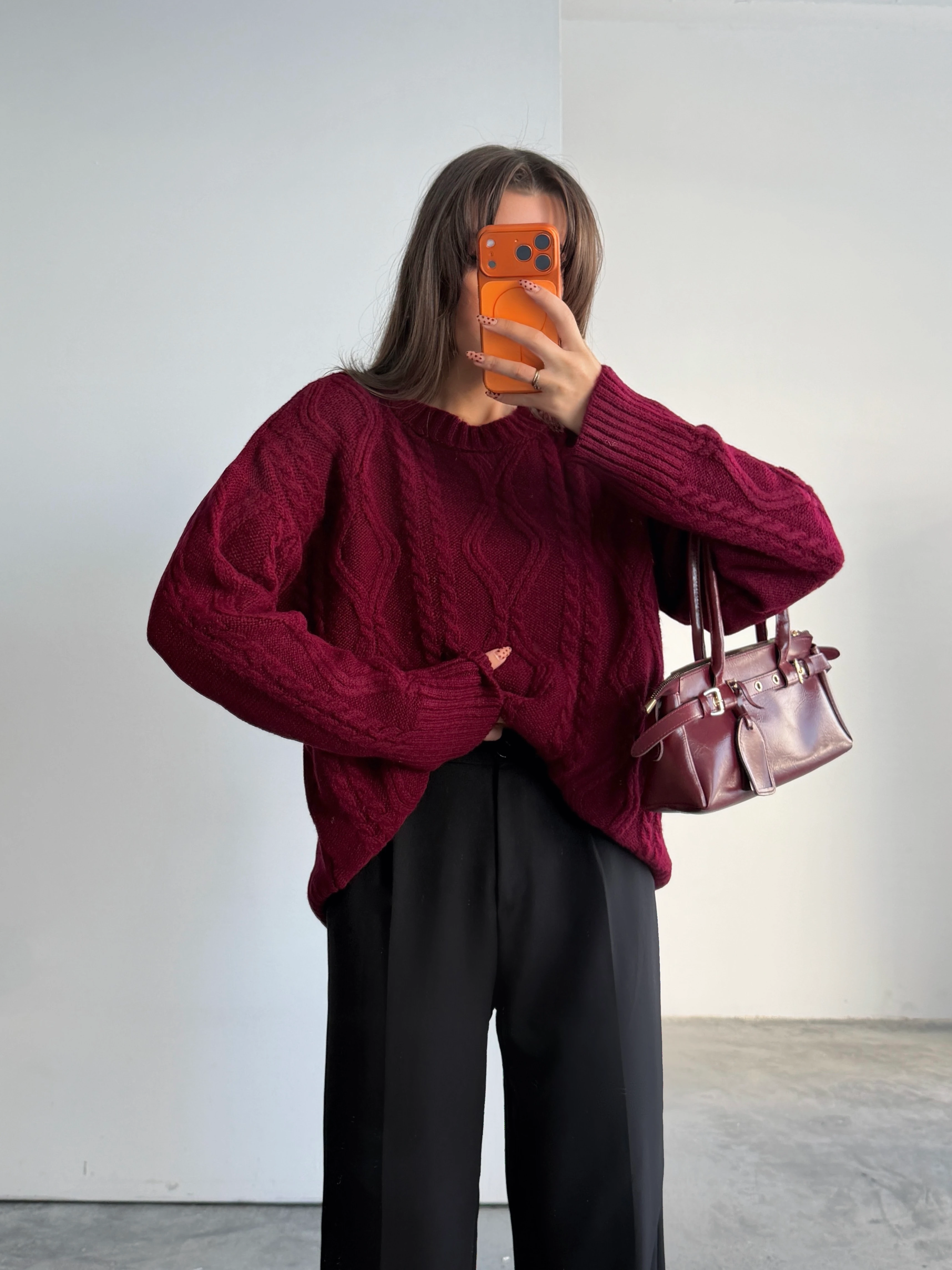 Saç Örgü Desenli Yıkamalı Triko - Bordo