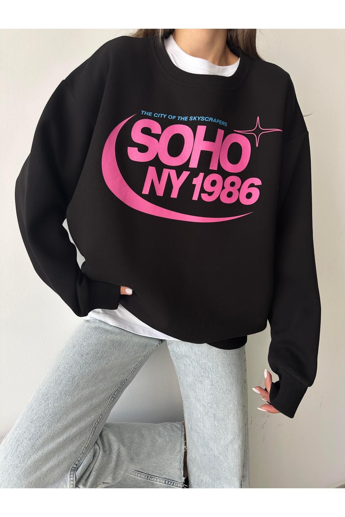 Soho Baskı Bisiklet Yaka Sweat Siyah