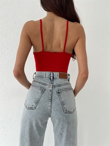 Fermuar Detay İp Askı Bodysuit Kırmızı