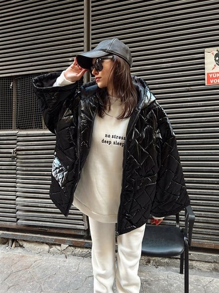 Shine Kapüşonlu Oversize Mont Siyah
