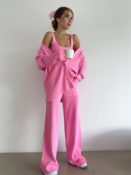 Üçlü Fitilli Triko Takım Pembe