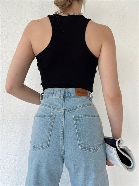 Halter Yaka Malibu Fitilli Crop Siyah