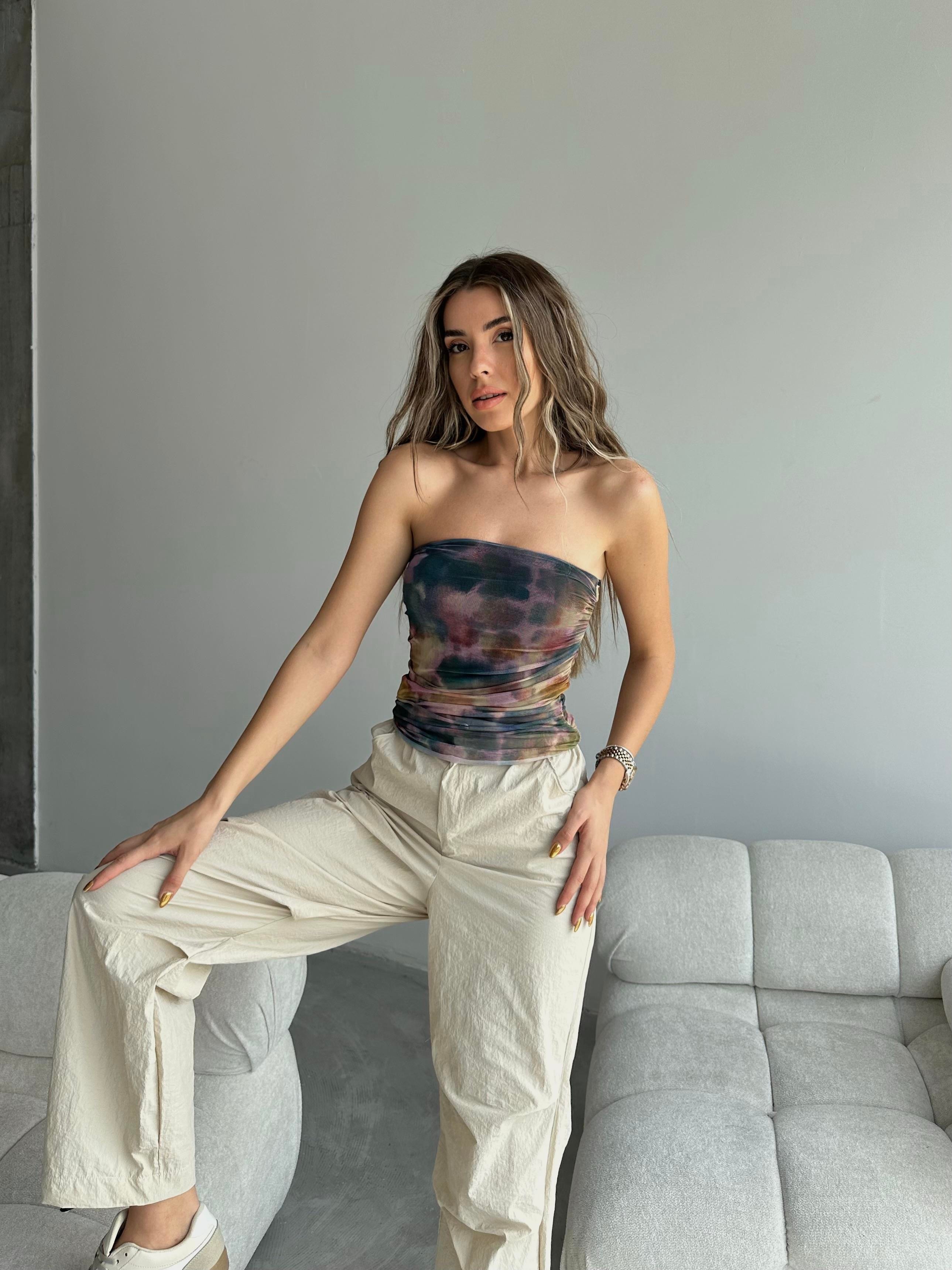 Amora Batik Straplez Büzgülü Crop Ebruli