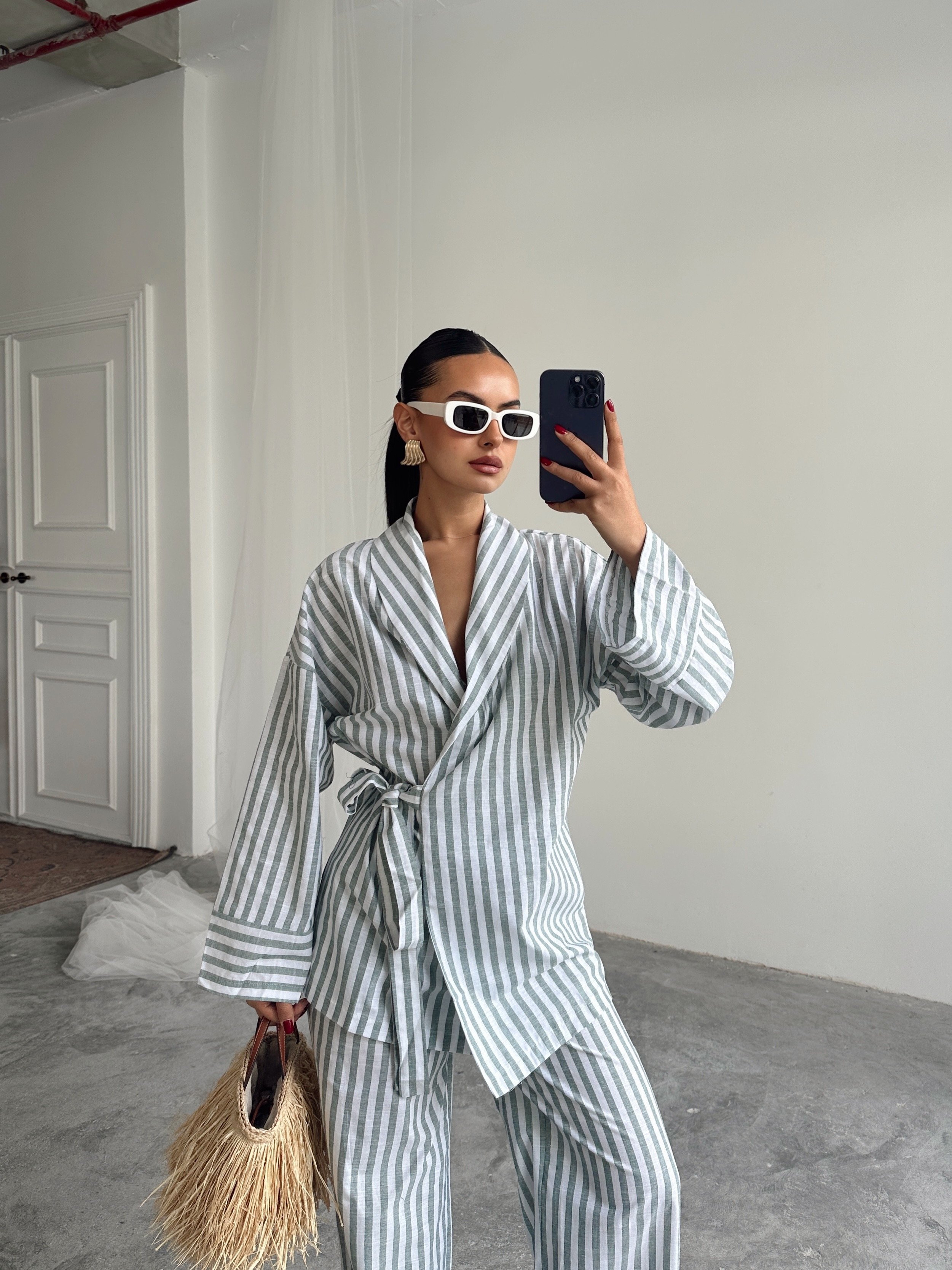 Çizgili Kimono Takım  - Haki Yeşil
