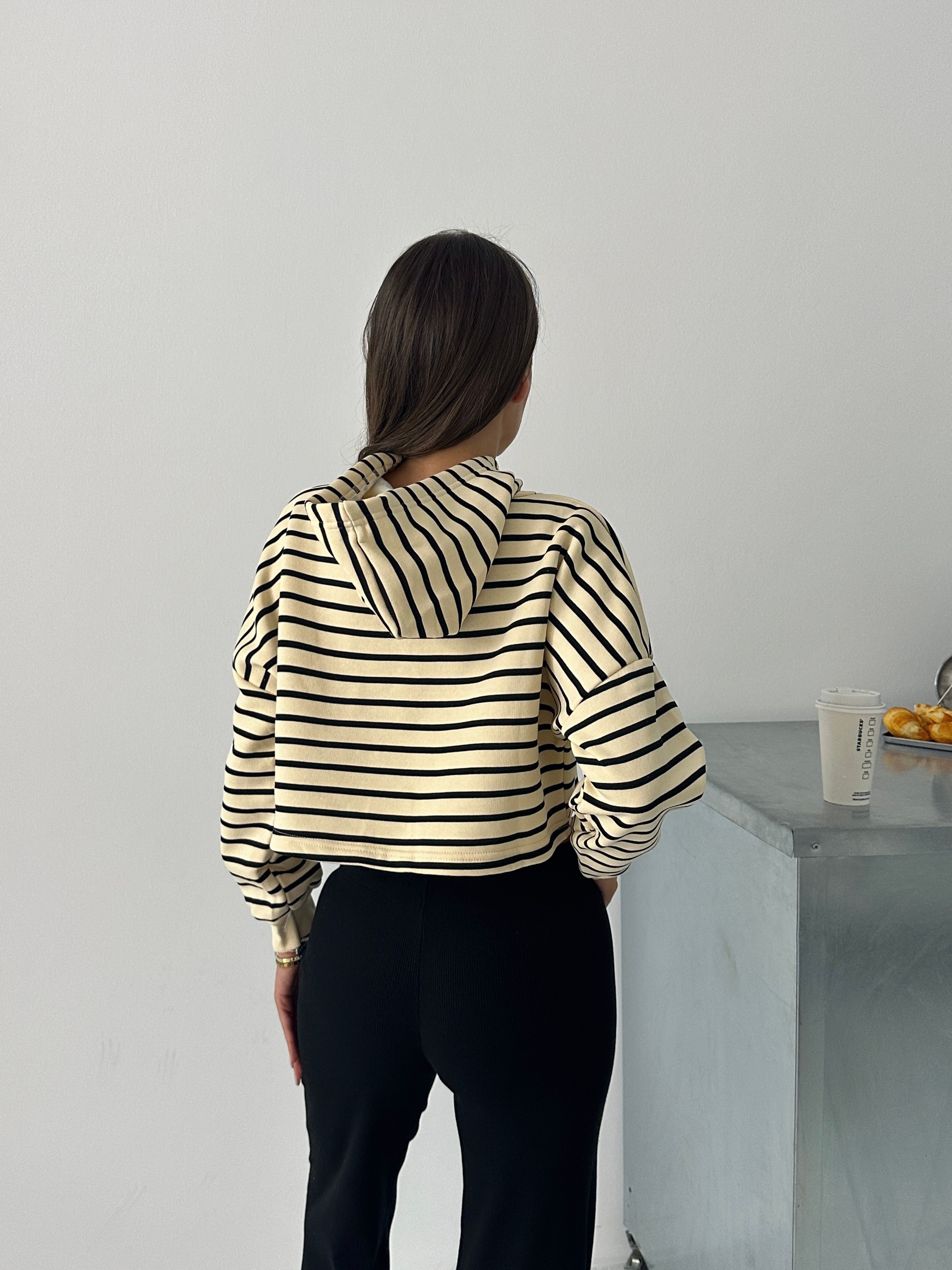 Kapüşonlu Çizgili Crop Sweat - Siyah