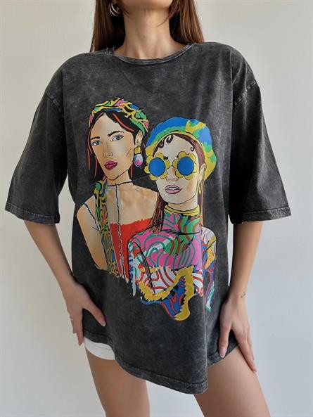 Girl Baskı Yıkamalı T-Shirt Füme