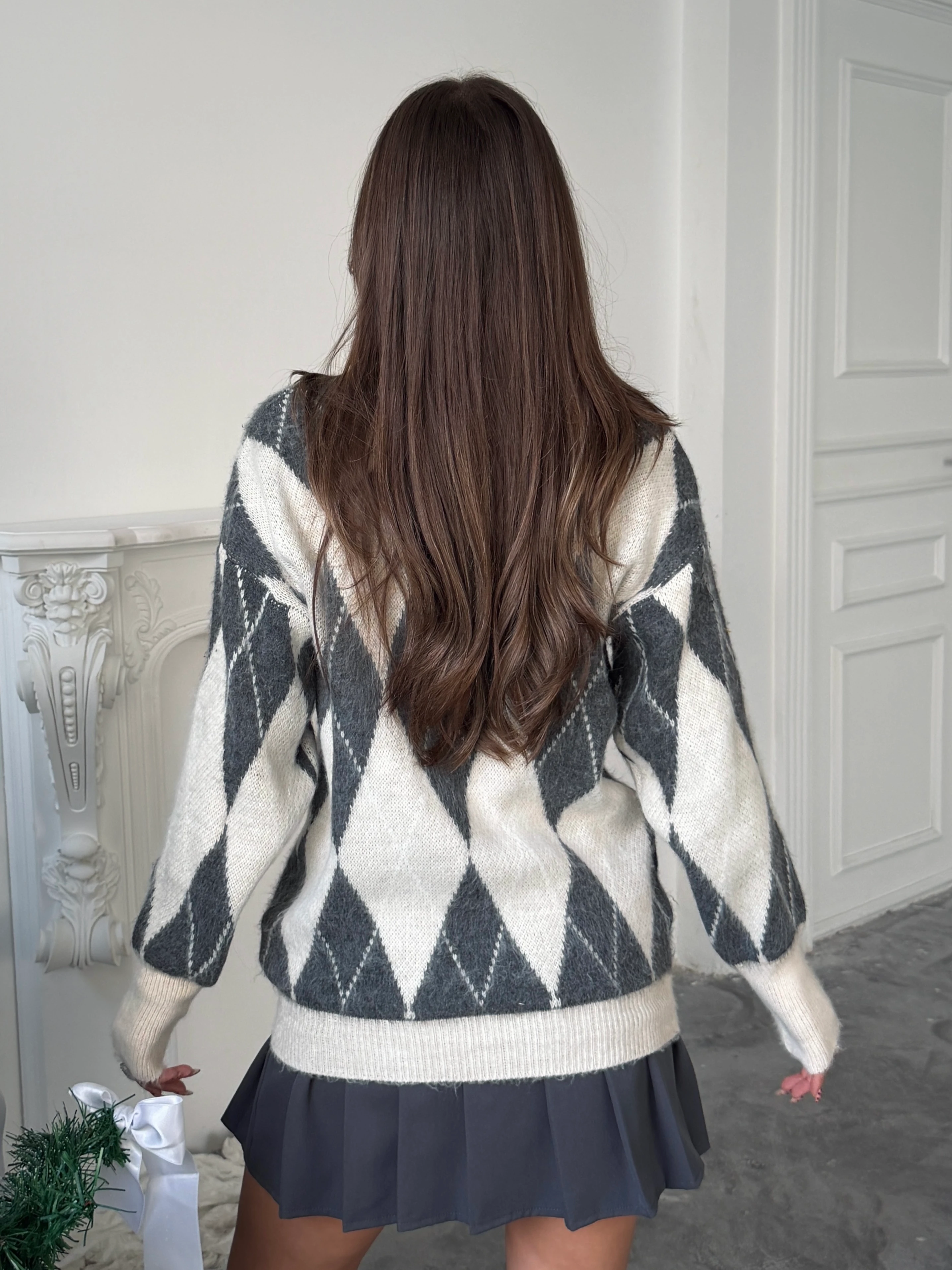 Ribanalı Baklava Desen Kazak - Gri