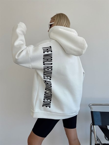 Berlin Sırt Yazı Detay 3 İplik Oversize Sweatshirt Beyaz