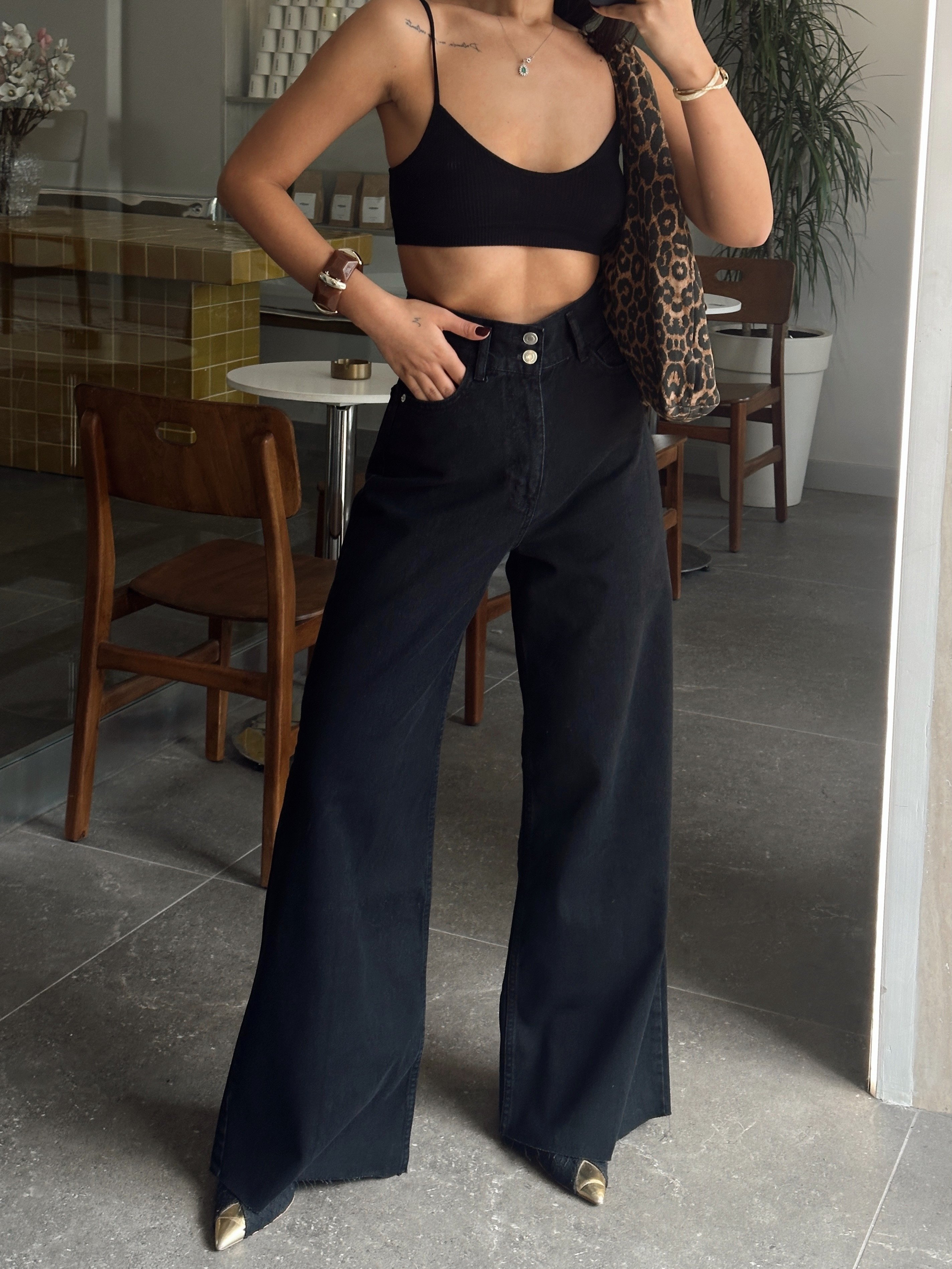 Geniş Kemerli Baggy Jean  - Siyah