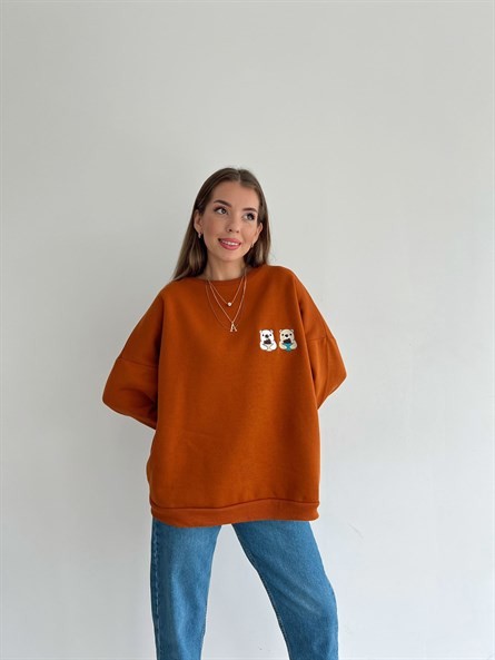 Twin Bear İşleme Oversize Sweatshirt Kiremit