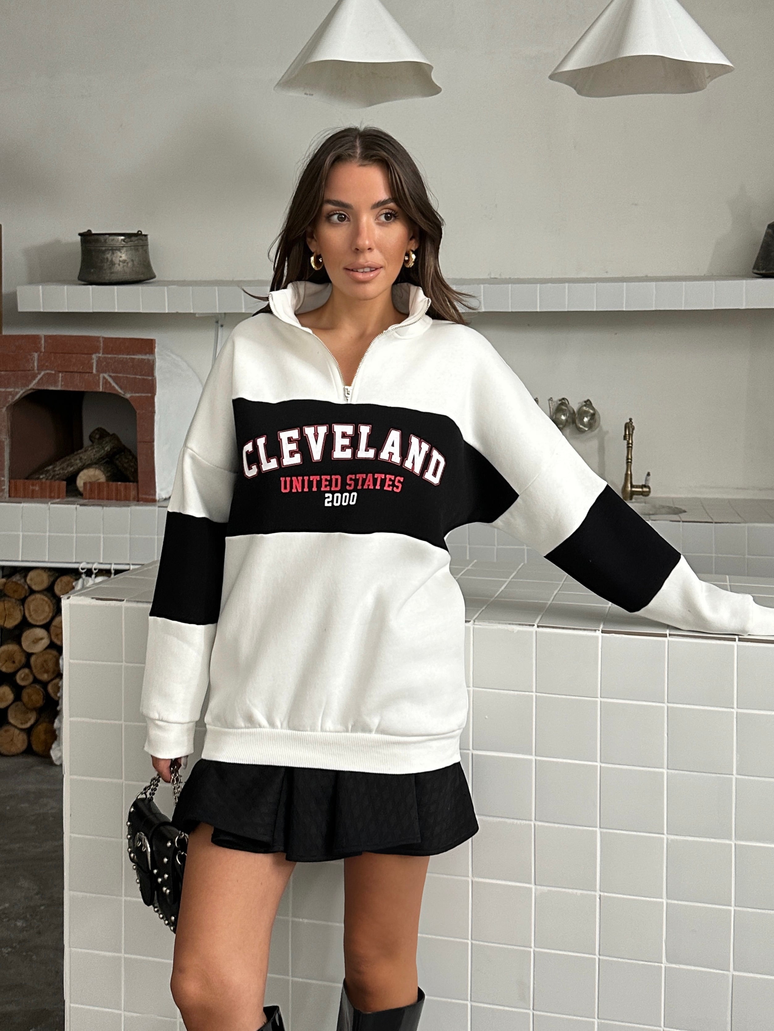 Baskılı Fermuarlı Sweat - Beyaz