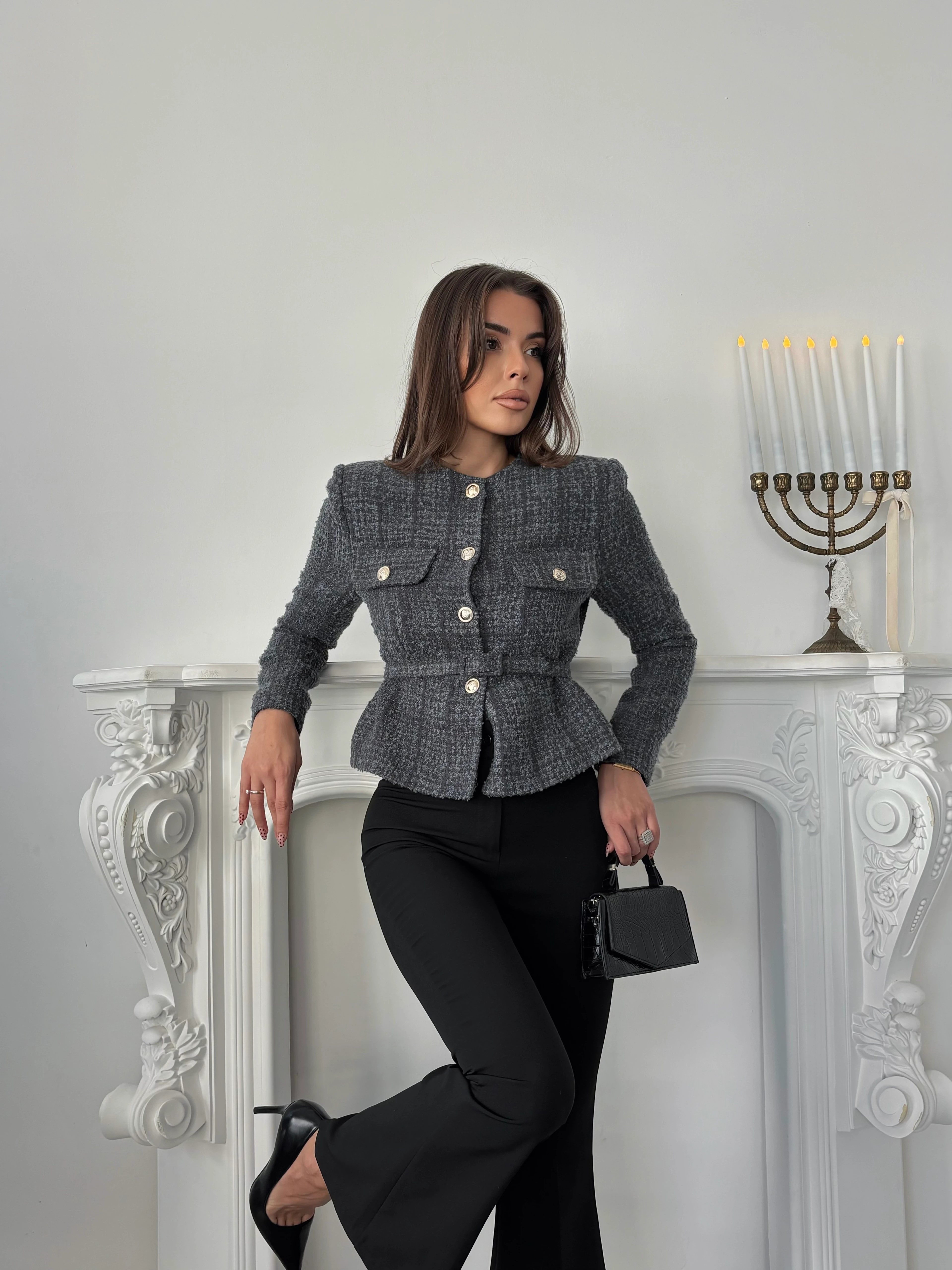 Kemer Detaylı Düğmeli Ceket - Füme