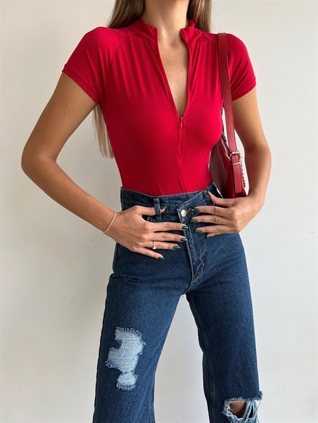 Fermuarlı Dik Yaka Sandy Bodysuit Kırmızı