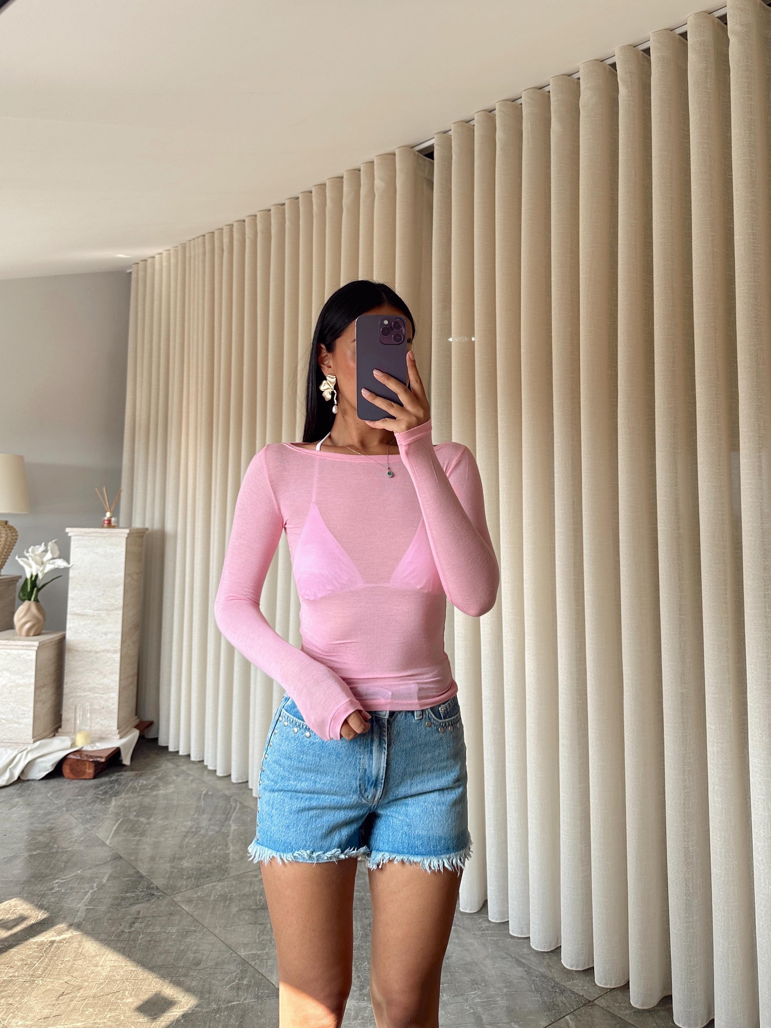 Kayık Yaka Transparan Bluz  - Pudra Pembe