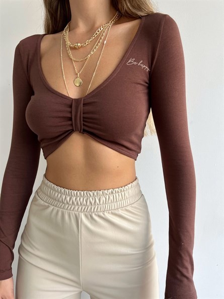 Be Happy Ön Burgu Croptop Kahverengi