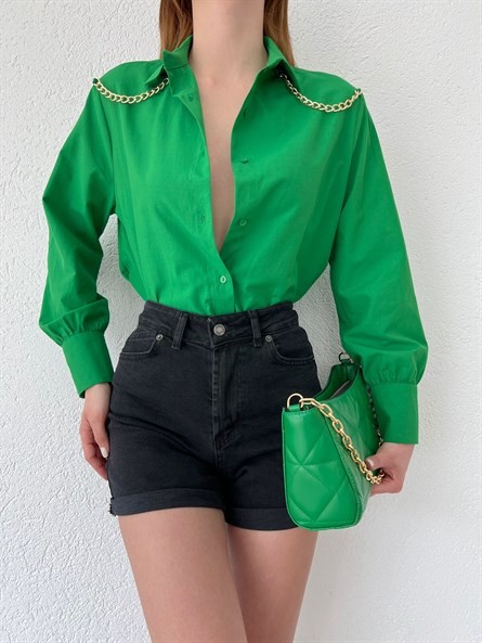 Zincir Apolet Oversize Poplin Gömlek Koyu Yeşil
