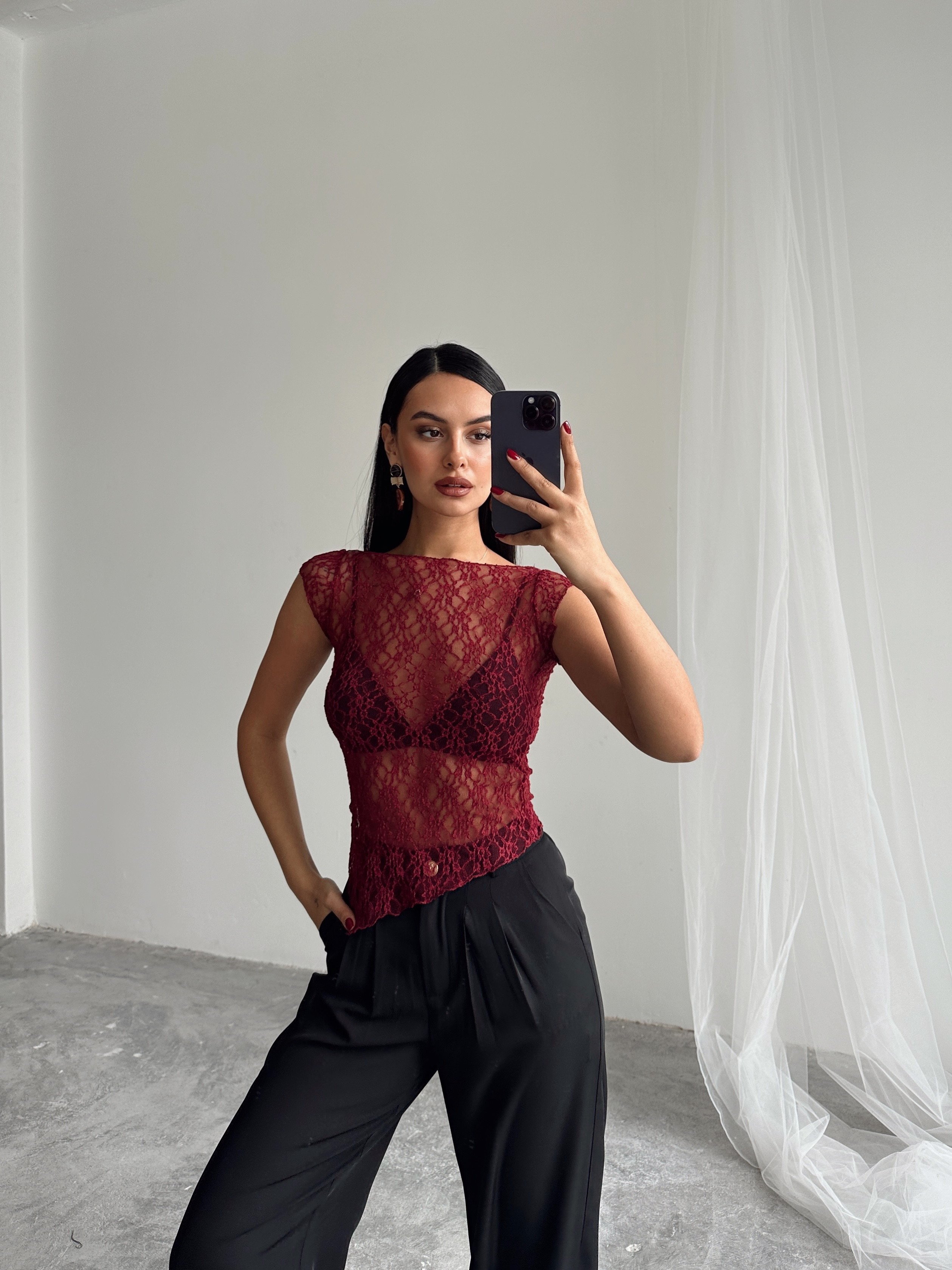 Asimetrik Dantel Bluz - Bordo