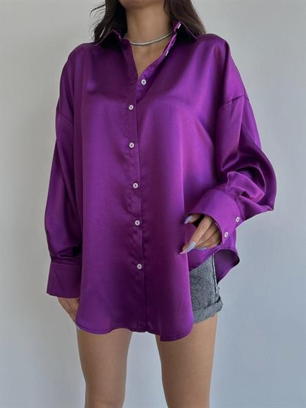 Oversize Saten Gömlek Mor