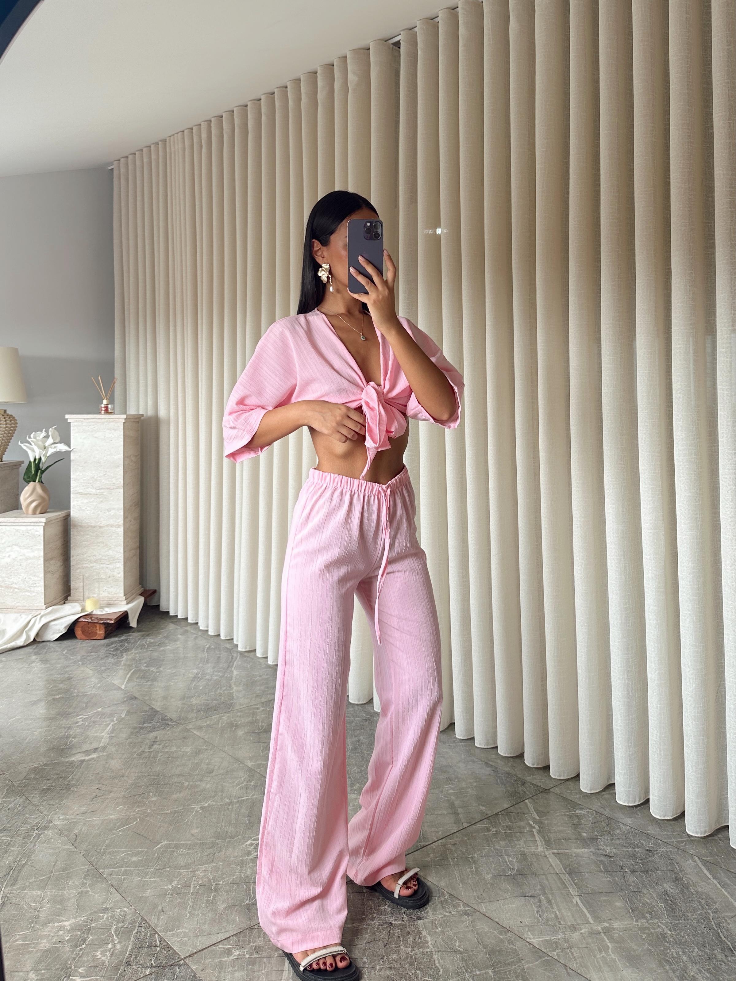 Üst Bağlamalı Pantolon Takım  - Pudra Pembe