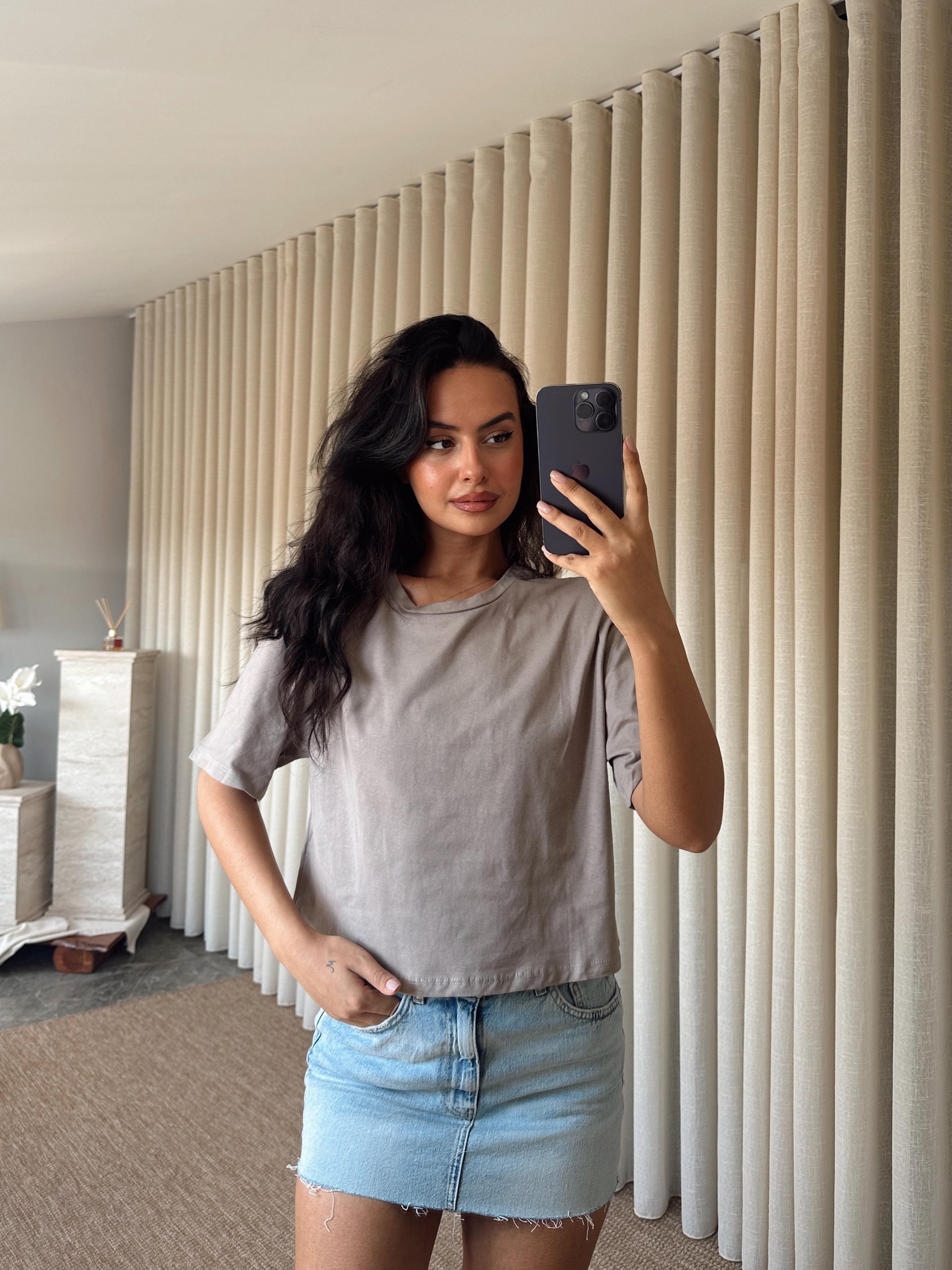 Düz Kısa Kol Crop Basic - Vizon