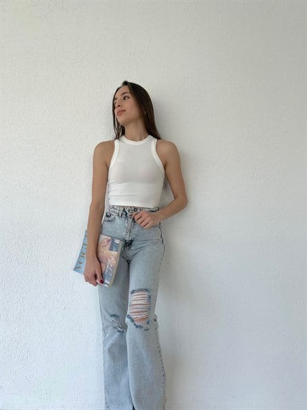 Halter Yaka Fitilli Croptop Beyaz