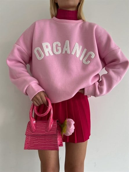 Organic Süzene Nakış Oversize Sweatshirt Pembe