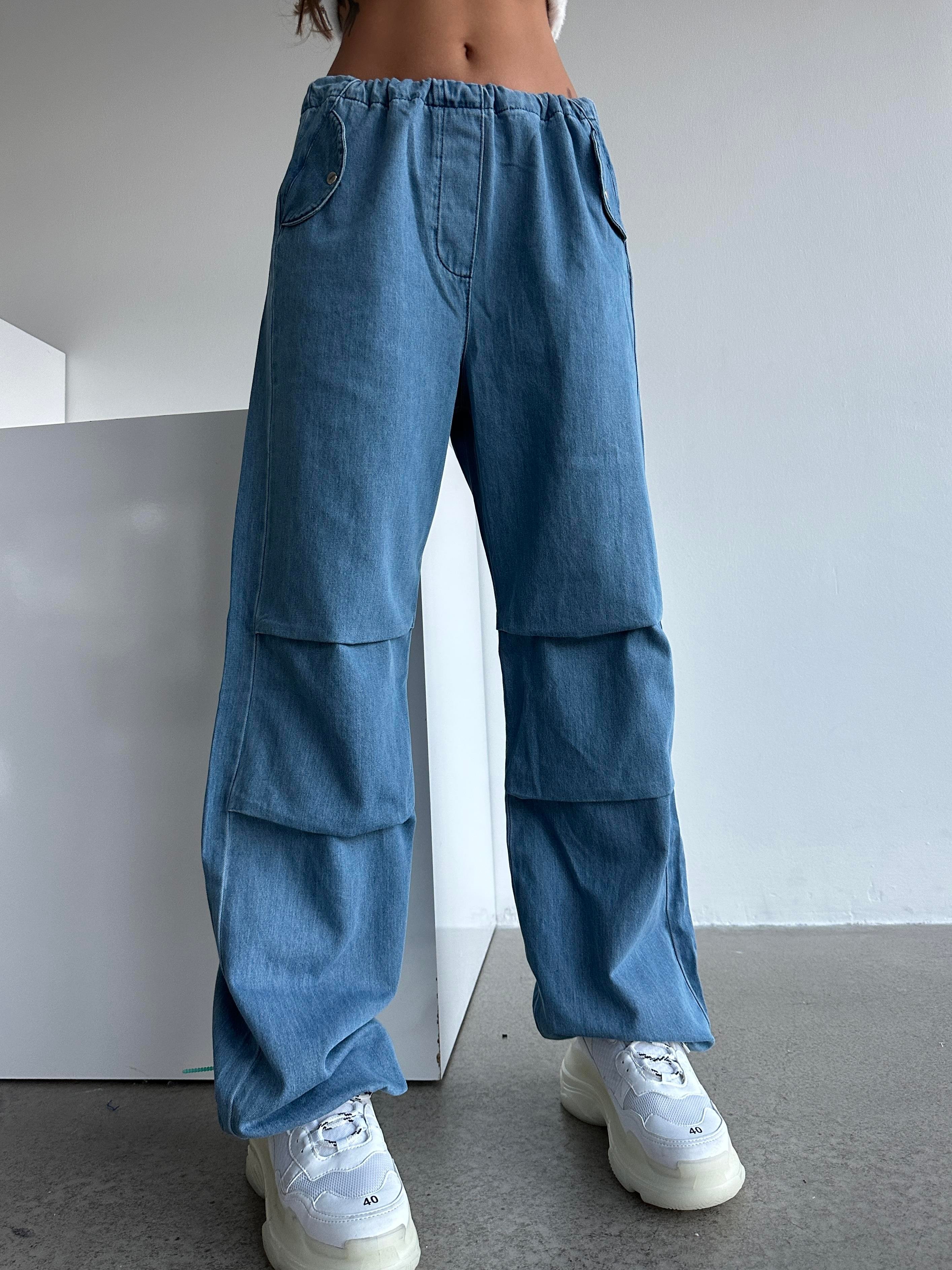 Denim Dokulu Bel Lastik Jogger Paraşüt Pantolon Mavi