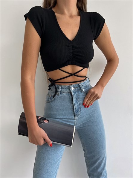 Bel İp Detay Büzgülü Crop Siyah