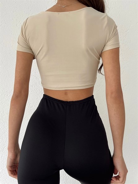 Drapeli Kalp Yaka Crop Bej