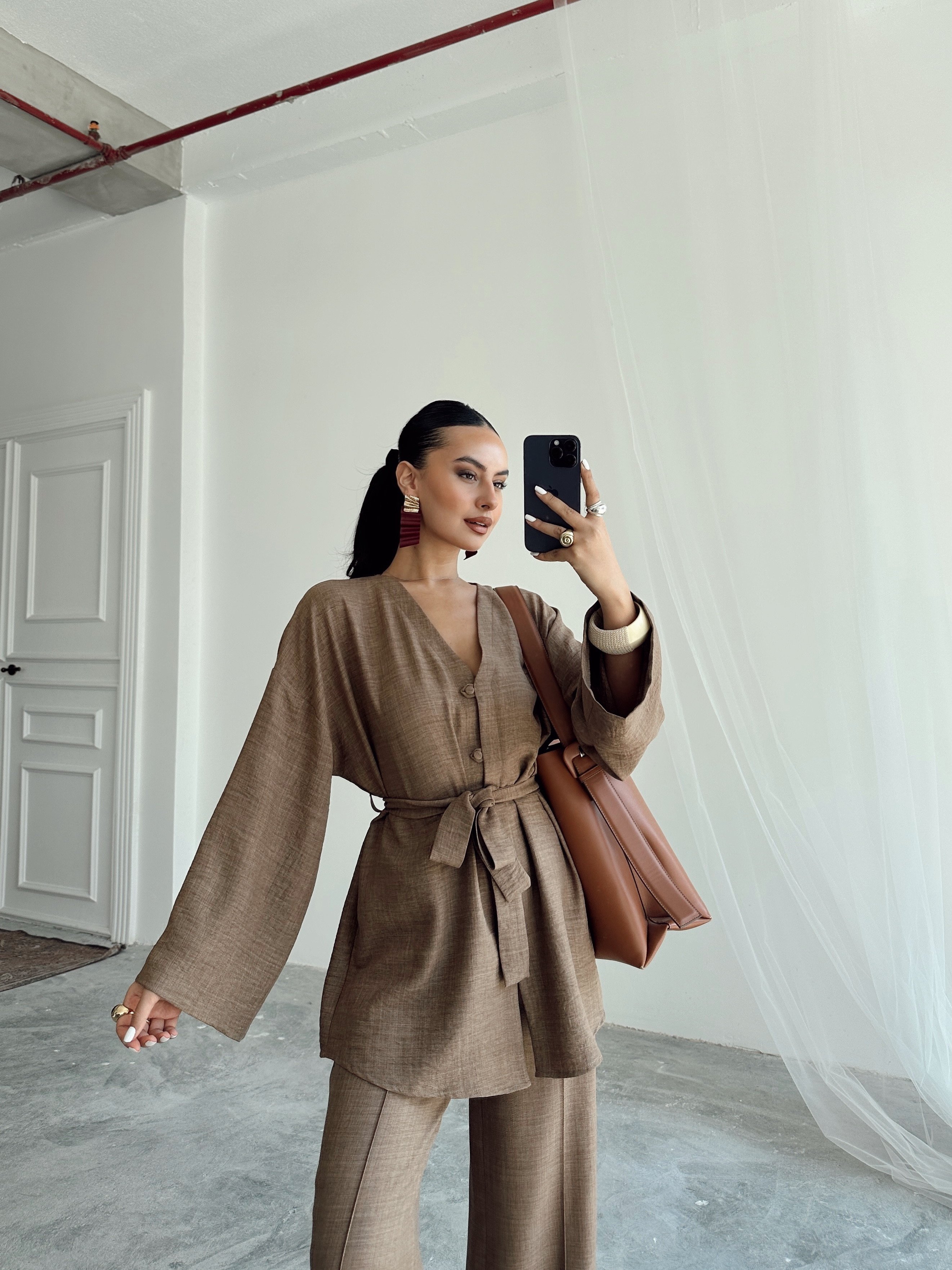 Düğme Detay Kuşaklı Kimono Takım - Kahve