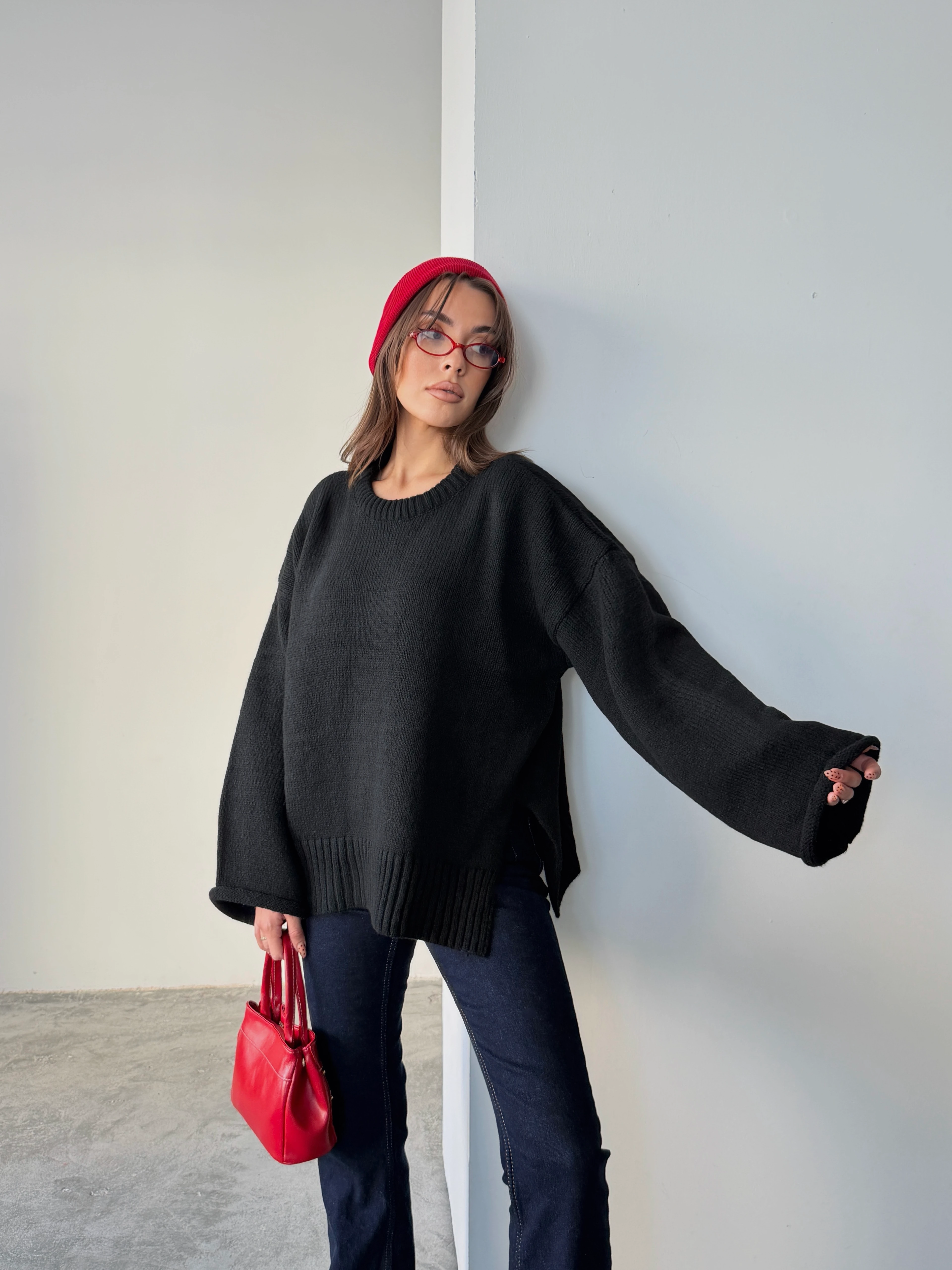 Yırtmaçlı Basic Triko  - Siyah