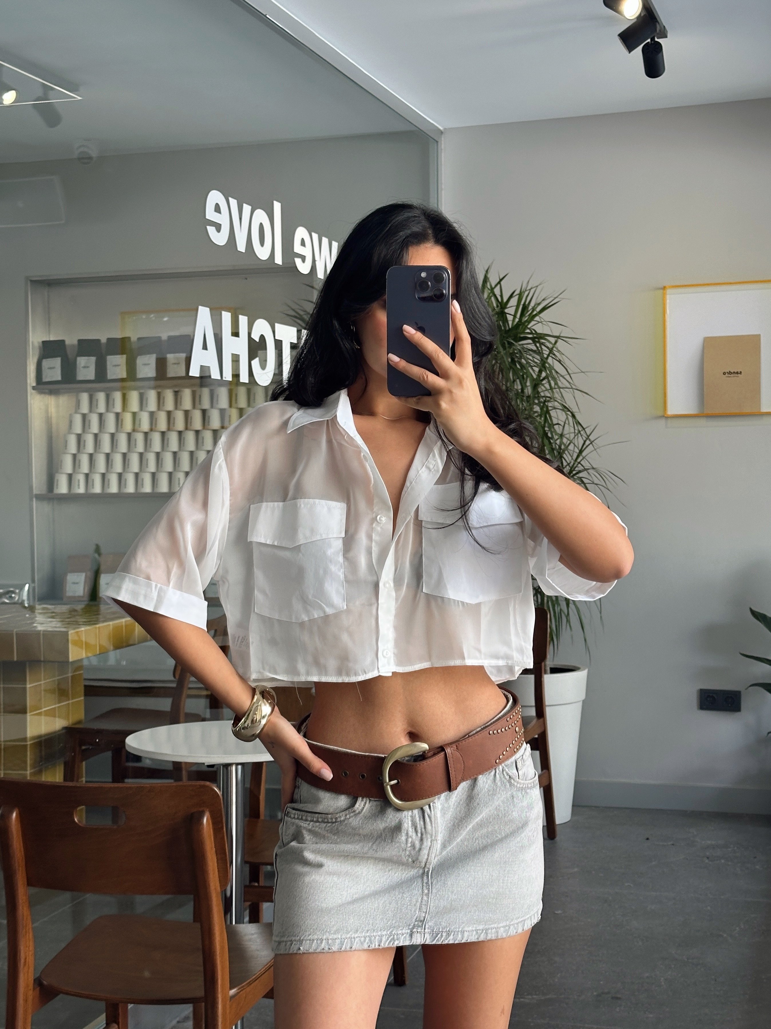 Zoi Çift Cep Transparan Crop Gömlek Beyaz