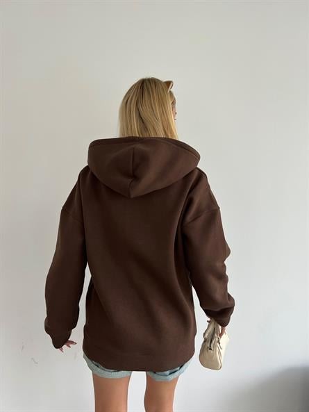 3 İplik Kapüşonlu Fermuarlı Sweatshirt Kahverengi