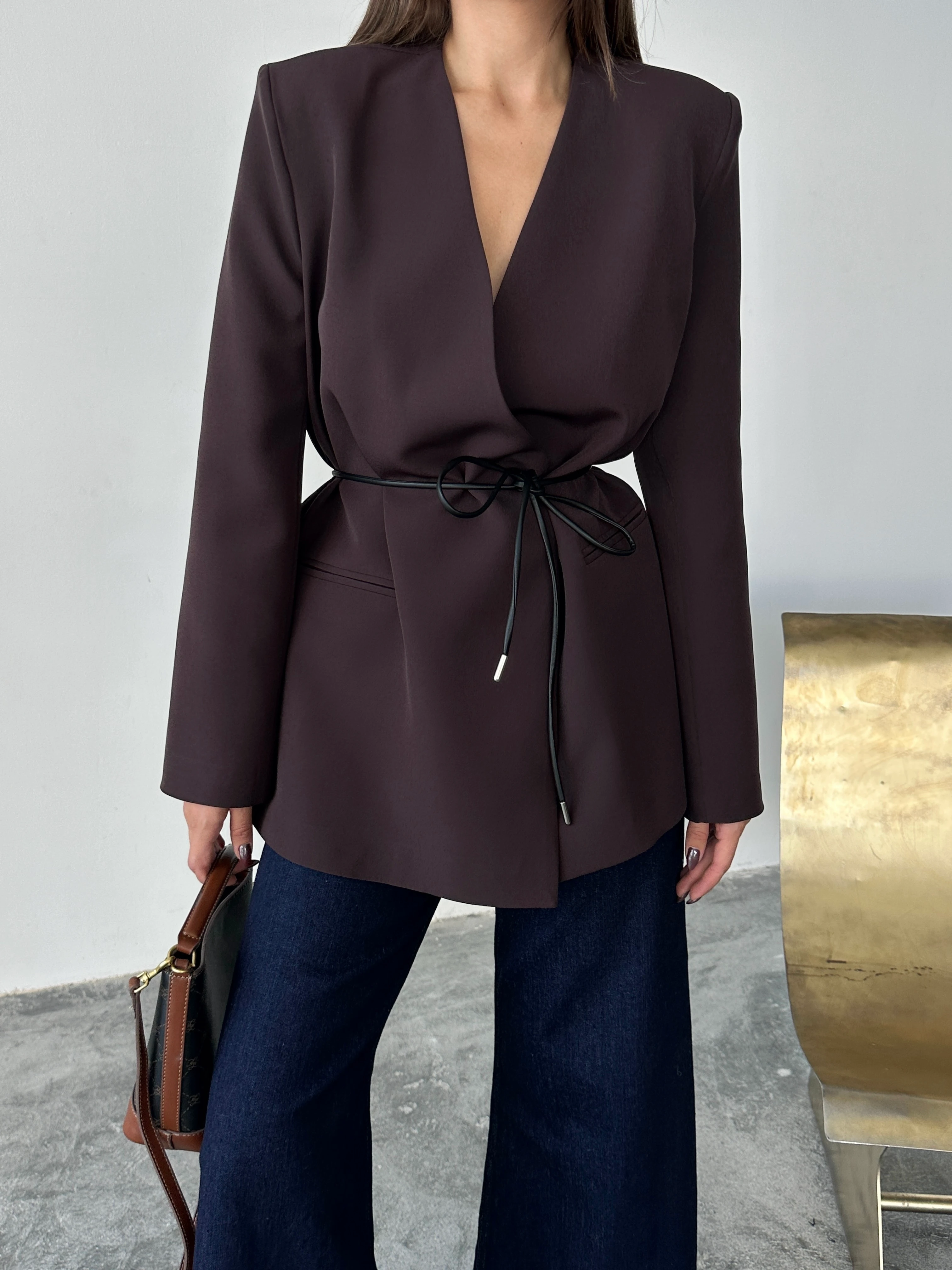 Deri Kemerli Blazer Ceket - Mürdüm