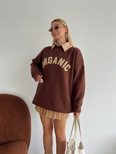 Organic Süzene Nakış Oversize Sweatshirt Kahverengi