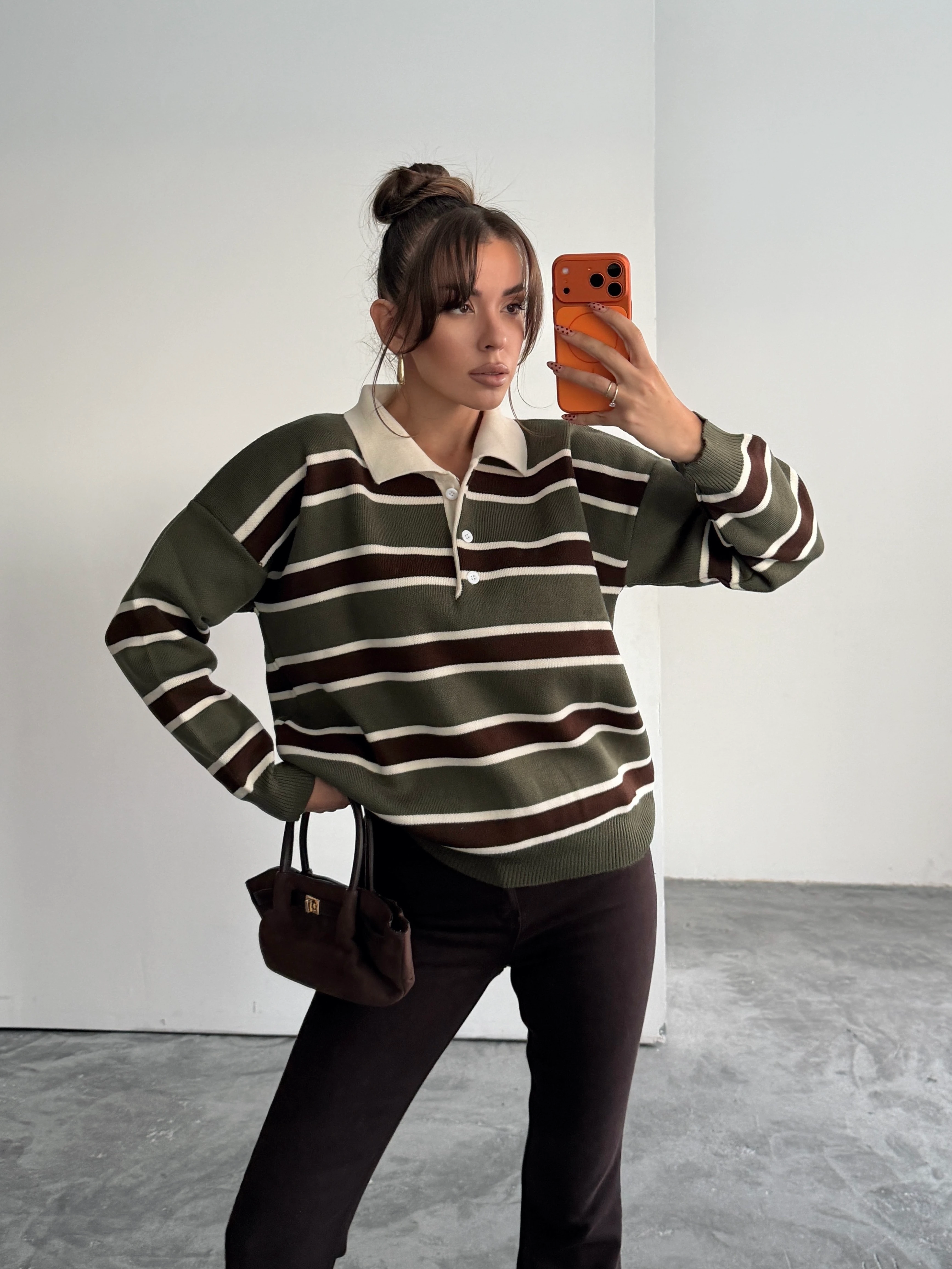 Polo Yaka Çizgili Triko - haki-kahve