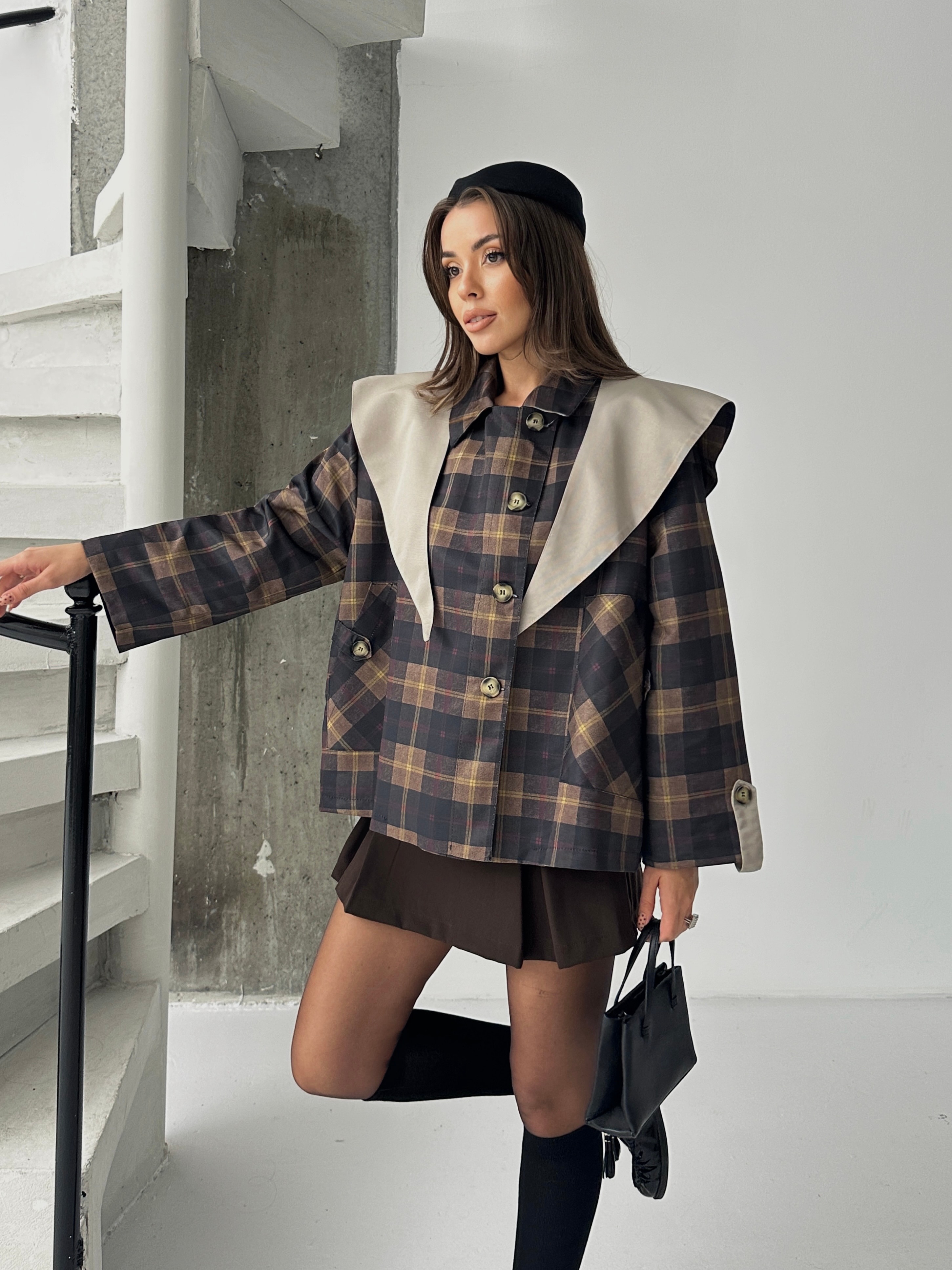 Pelerin Detay Kareli Ceket - lacivert-bej