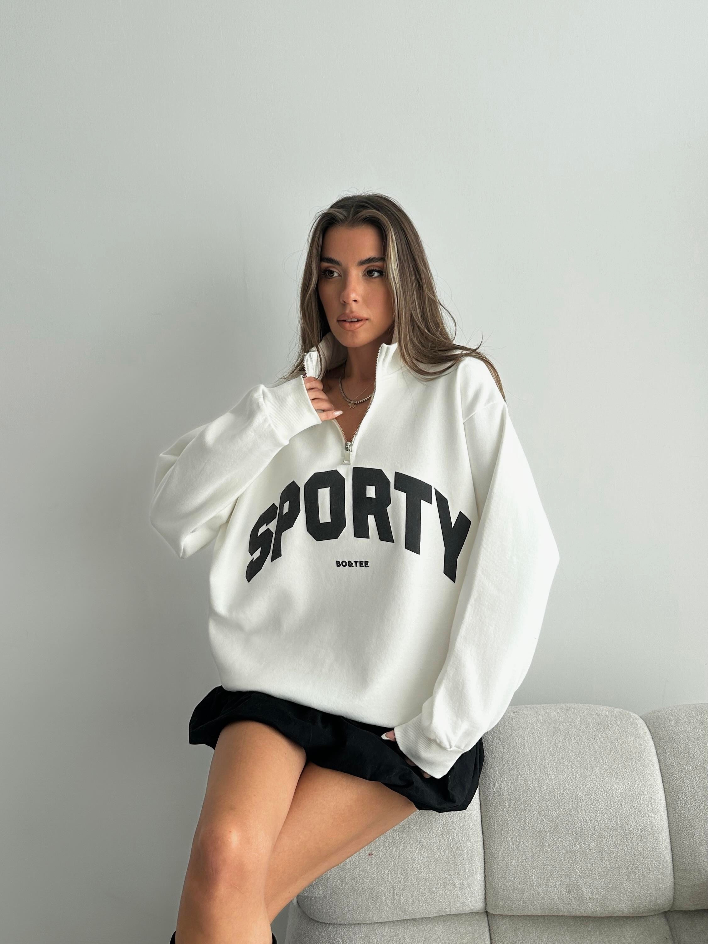 Yarım Fermuar Sporty Sweat Beyaz