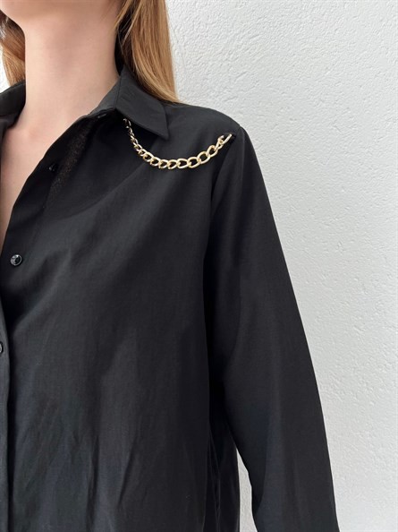 Zincir Apolet Oversize Poplin Gömlek Siyah