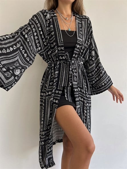 Etnik Desen Kimono Siyah-Beyaz