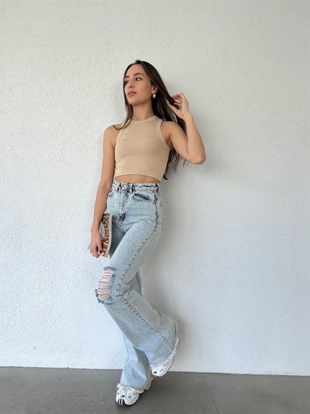 Halter Yaka Fitilli Croptop Taş