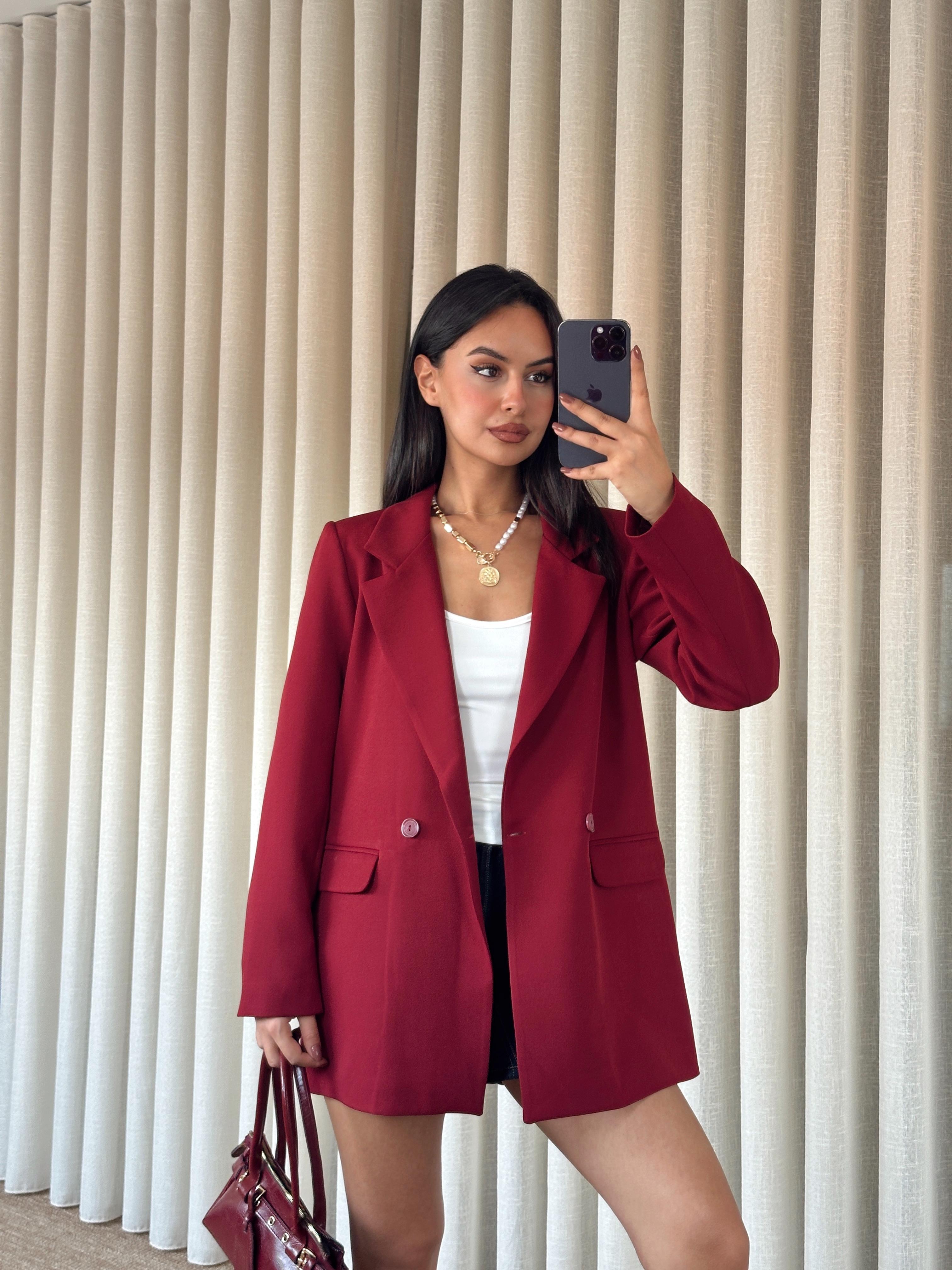 Çift Düğme Oversize Blazer  - Bordo