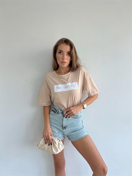 Not Perfect İşleme Oversize Basic Taş-Beyaz