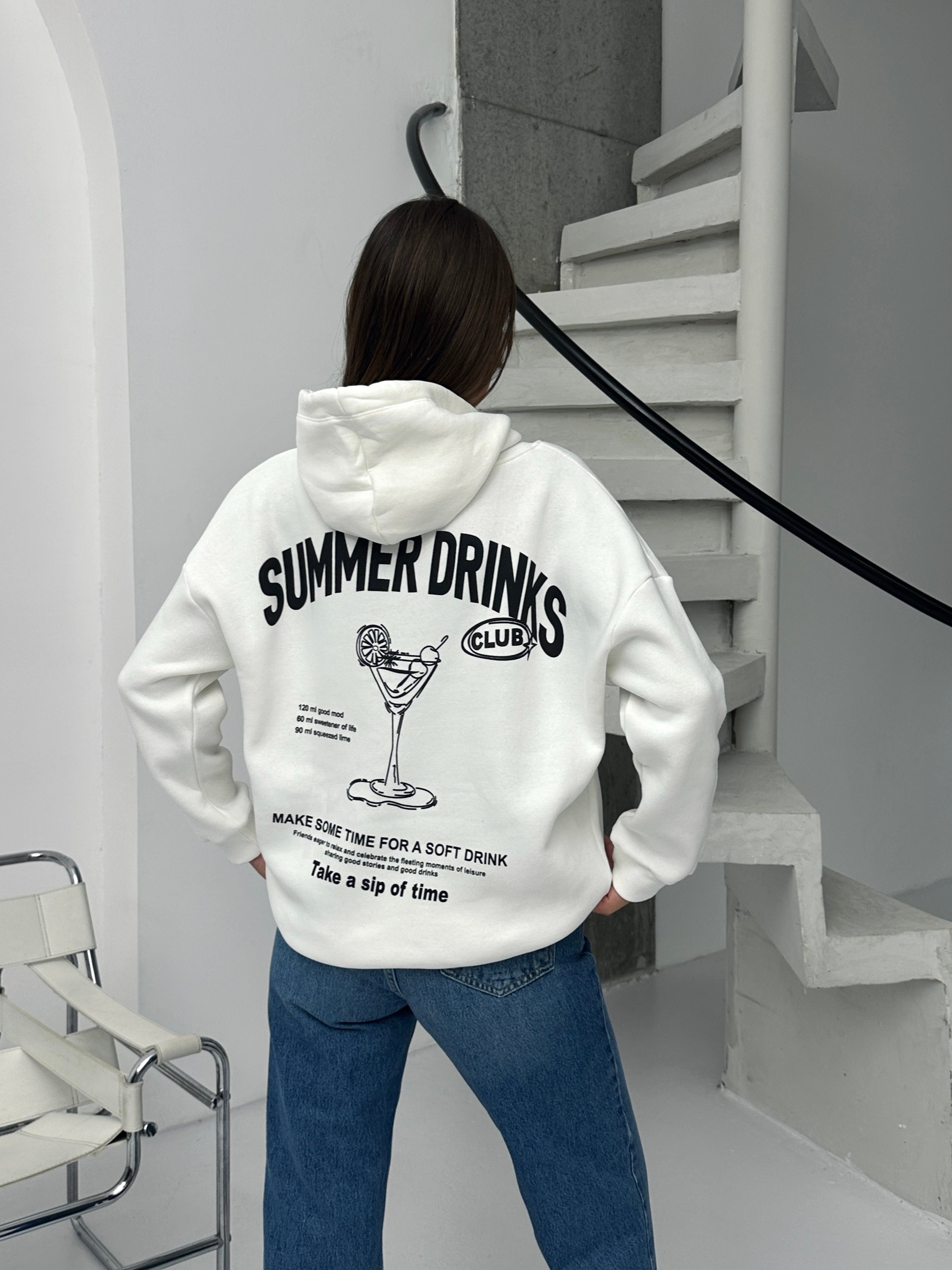 Baskılı Kapüşonlu Oversize Sweat - Beyaz