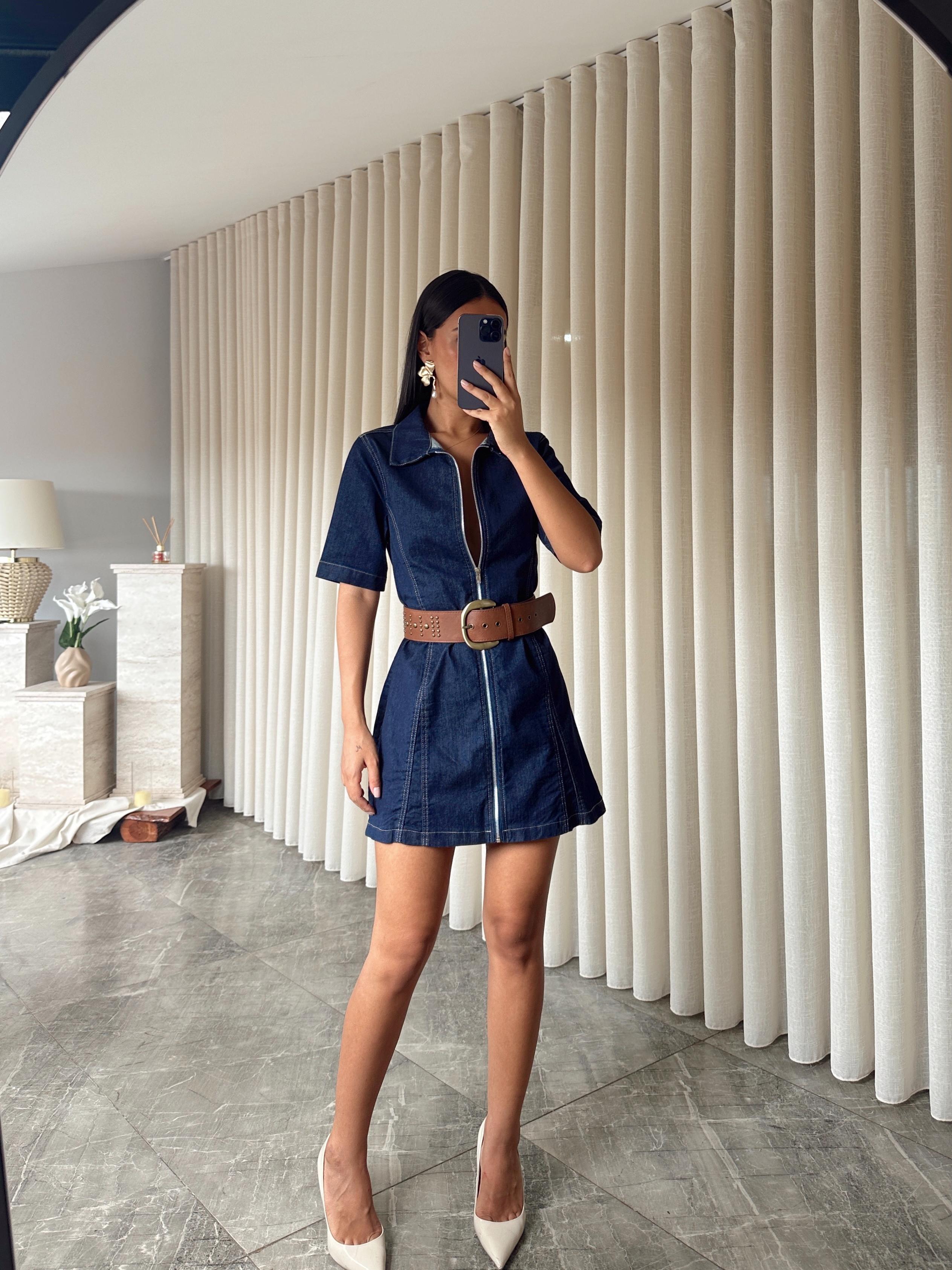 Fermuarlı Denim Elbise  - Lacivert