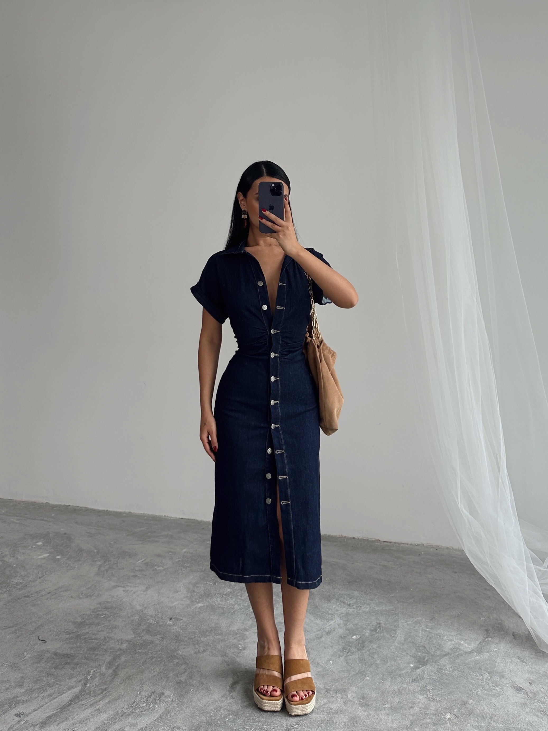 Düğme Detaylı Denim Elbise  - Lacivert