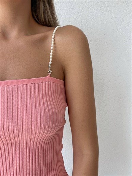 İnci Askı Triko Crop Pudra Pembe