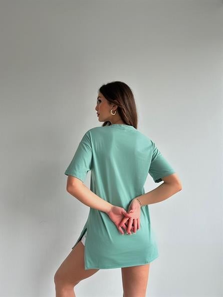 V Yaka Yan Yırtmaç Oversize Basic Mint